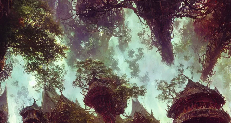 Image similar to looking up at a city of tree - houses at caras galadhon, intricate, vivid colors, elegant, highly detailed, john park, frazetta, john howe, ruan jia, jeffrey catherine jones