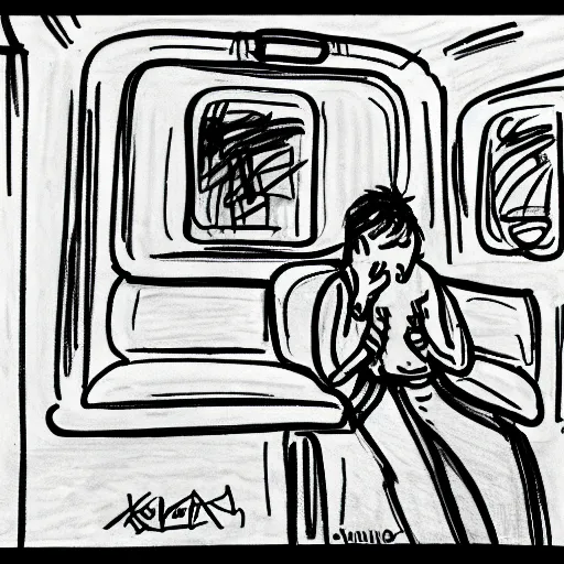 Image similar to a drawing of someone feeling anxious while sitting on the subway in new york city