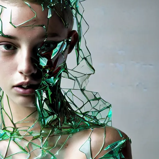 Prompt: flume and former cover art silk fabric skin big specular transparent glass shards of sharp glass cutting through skin skin peels like fabric dress skin future bass girl un wrapped statue bust curls of hair petite nature lush body photography model body art futuristic branches material style of Jonathan Zawada, Thisset colours