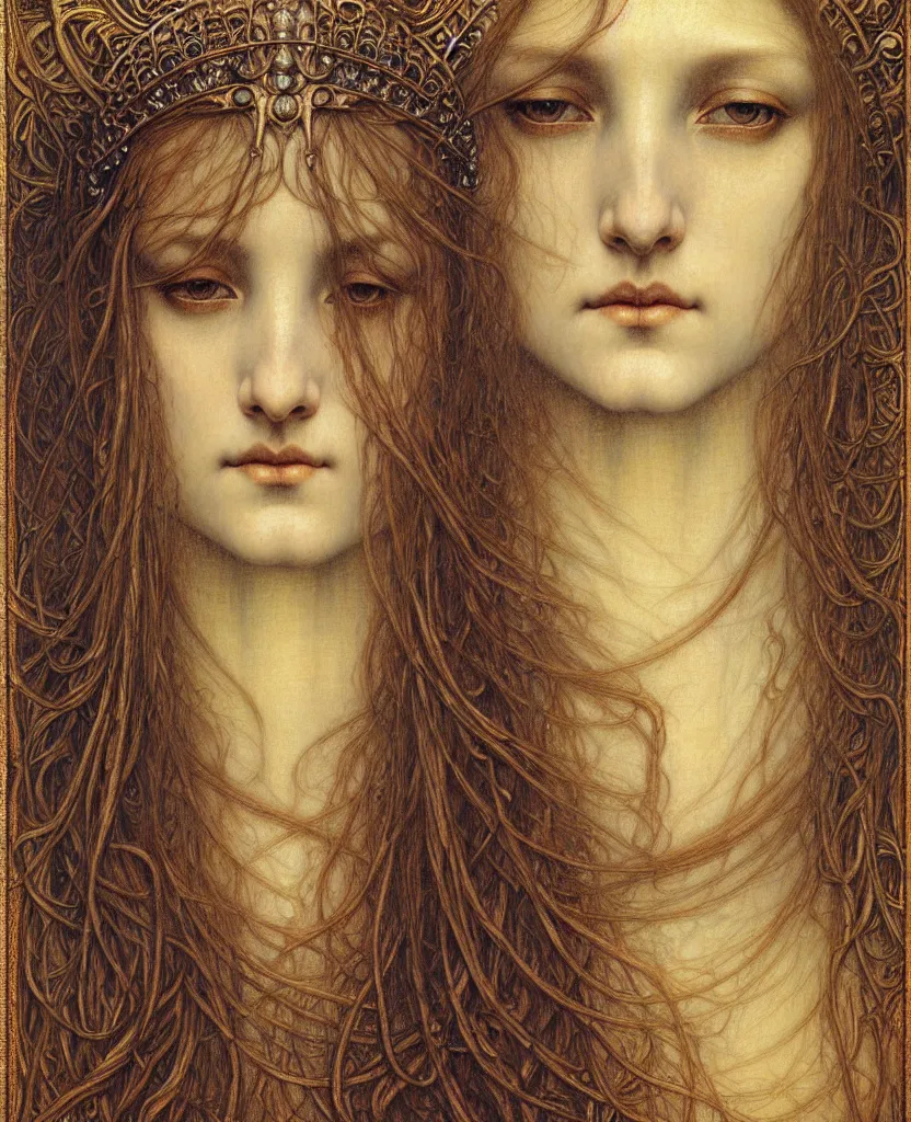 Image similar to detailed realistic beautiful young medieval queen face portrait by jean delville, gustave dore and marco mazzoni, art nouveau, symbolist, visionary, gothic, pre - raphaelite. horizontal symmetry