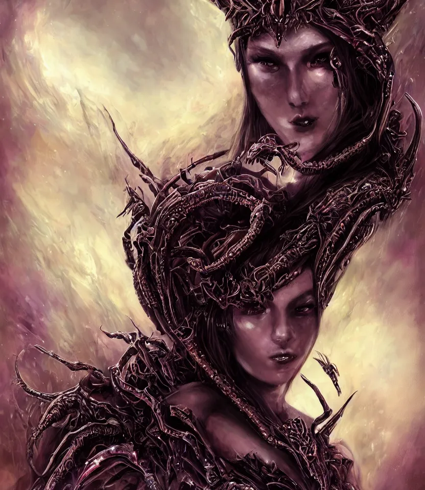 Image similar to close up portrait on the enchanting femenine queen of the zerg, hyper attractive, seductive, very complex, hyper-maximalist, overdetailed, legendary cinematic, darkfantasy, archetype with timeless beauty breathtaking eyes, her spider like legs spread evenly around her framing the image, collossal alien ship in the sky behind her, highly intricate, digital art, very elegant, HDR 8K, biblical art, realism, incomprehensible yet perspicious detail, unbeatable quality, silent hill aesthetic, photorealistic, lifelike, DSLR 8k, unbeatable coherency, Omnious intricate, octane render, created Nixeu & z--ed from deviantart