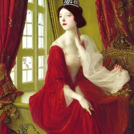 Prompt: a very very beautiful portrait of a young beautiful wealthy princess inside a very beautiful room by Frank Cadogan Cowper, graceful gaze, dreamlike, ethereal, surrealism