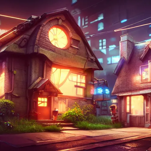 Prompt: high quality 3 d render very cute cyborg cottage! incorporated speakers!, cyberpunk highly detailed, unreal engine cinematic smooth, in the style of blade runner & detective pikachu, hannah yata charlie immer, moody light, low angle, uhd 8 k, sharp focus