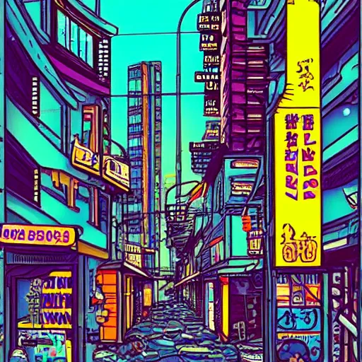 an 80s anime busy alley scene, tall buildings, neon | Stable Diffusion ...