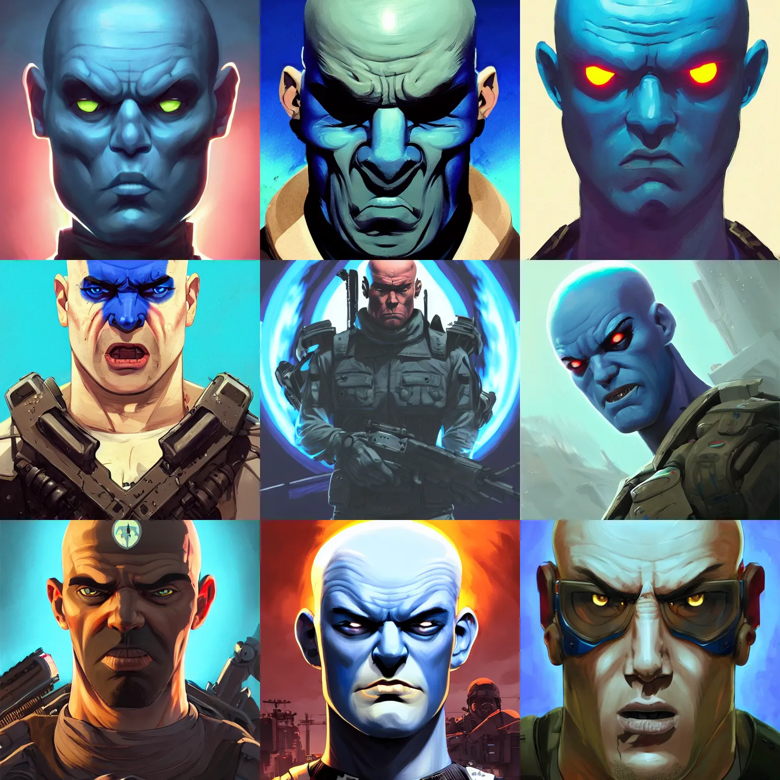 Prompt: centered mid ground full face portrait of an angry soldier with glowing blue eyes, a bald head and blue skin, rogue trooper, cyberpunk dark fantasy art, gta 5 cover, official fanart behance hd artstation by jesper ejsing, by rhads, makoto shinkai and lois van baarle, ilya kuvshinov, ossdraws, unreal engine