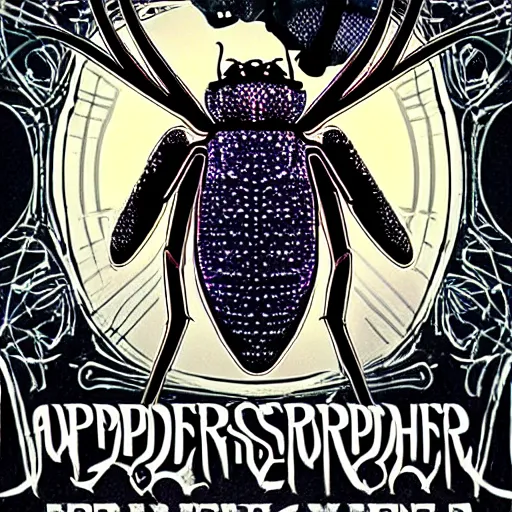 Image similar to so where were the spiders while the fly tried to break our bones with just the beer light to guide us so we bitched about his fans and should we crush his sweet hands, inspired by art nouveau rock posters