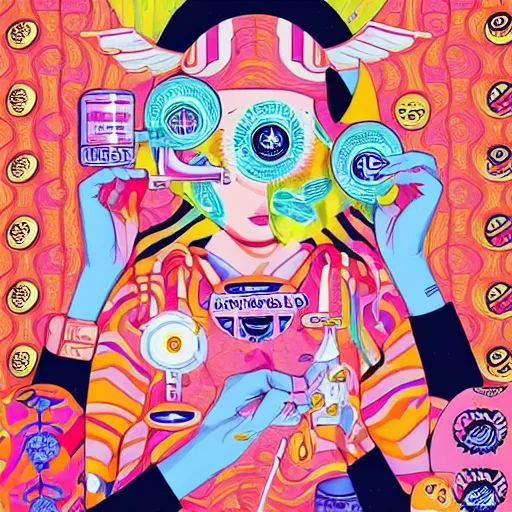 Image similar to pharmaceutical drugs by tristan eaton and james jean, chiho aoshima color scheme