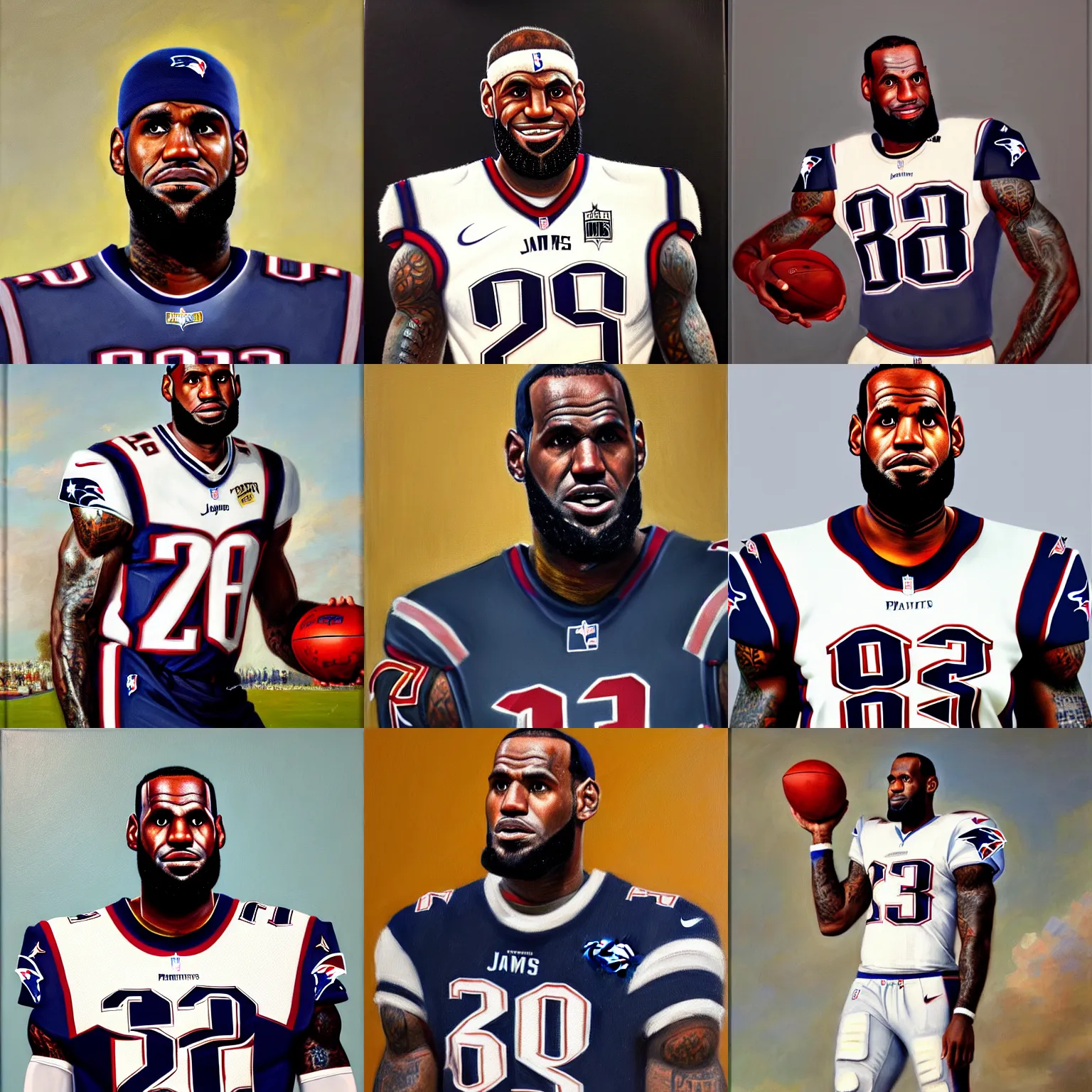 Prompt: portrait of lebron james in a new england patriots uniform, oil on canvas by william sidney mount, 1 8 7 7, trending on artstation