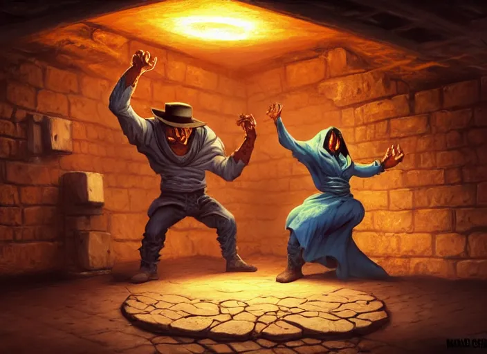 Prompt: a rap battle between two tortillas in an underground basement, by marco bucci and frank frazetta, style of magic the gathering, high resolution, fantasy coloring, intricate, digital painting, artstation, smooth, sharp focus