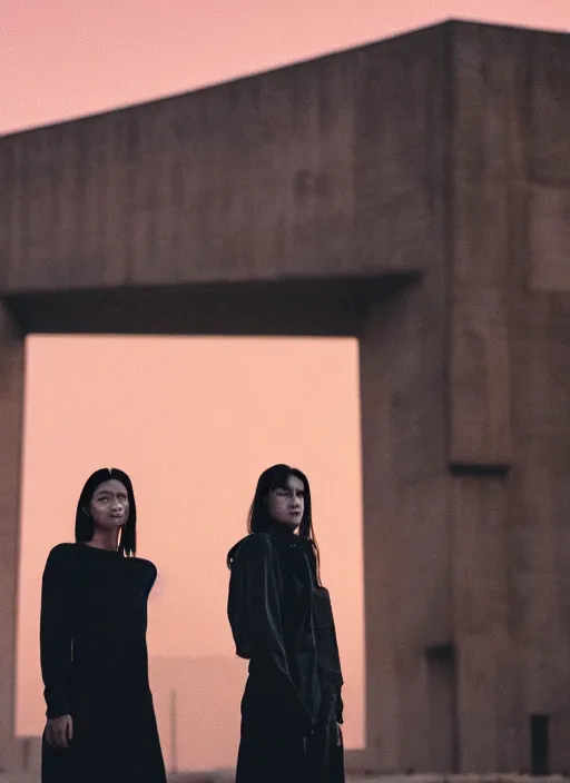 Image similar to cinestill 5 0 d photographic portrait of two loving female androids wearing rugged black techwear standing in front of a brutalist structure on a desolate plain with a red sky, extreme closeup, cyberpunk style, dust storm, 8 k, hd, high resolution, 3 5 mm, f / 3 2, ultra realistic faces, ex machina