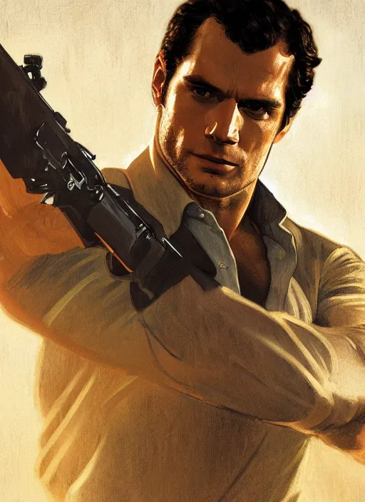 Image similar to portrait of henry cavill as james bond, key art, sprinting, palm trees, aston martin, highly detailed, digital painting, artstation, concept art, cinematic lighting, sharp focus, illustration, by gaston bussiere alphonse mucha