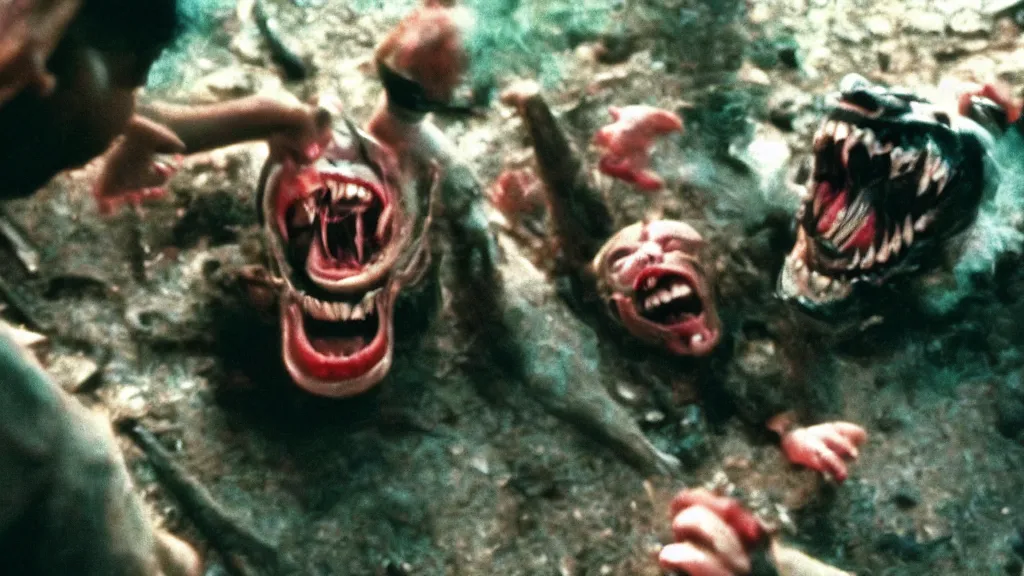Prompt: a tossing sharp teeth, laughing maniacally, a satanic ritual, movie screenshot directed by Stephen Spielberg, and cinematography by Roger Deakins. Shot from a low angle. Cinematic. 24mm lens, 35mm film, Fujifilm Reala, f8