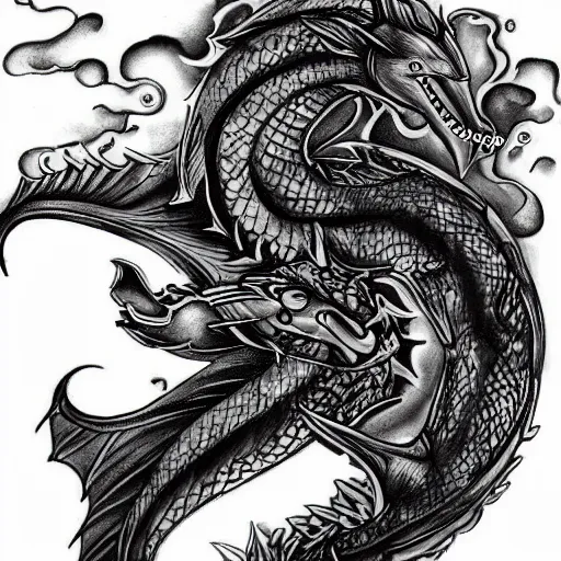 Image similar to tattoo on a man's arm of a hybrid of a dolphin and black dragon, digital art