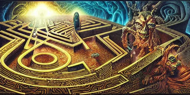 Image similar to maze labyrinth nebulapunk by dan seagrave with hidden creatures by patrick woodroffe