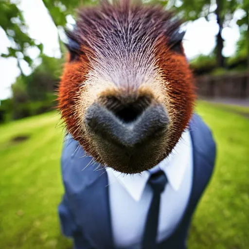 Prompt: a high detail photo of an antropomorphic capybara wearing a suit, subject= duck, subject detail: wearing a suit, photorealism