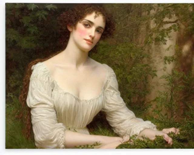 Image similar to portrait en buste of winona ryder kiera knightley in repose by Hughes Merle, by Pierre Auguste Cot, perfect detailed eyes, realistic fabric, abundant detail, winona ryder
