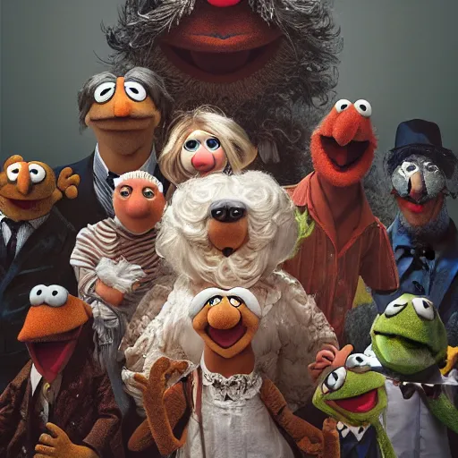 Image similar to muppets by francisco goya, au naturel, hyper detailed, digital art, trending in artstation, cinematic lighting, studio quality, smooth render, unreal engine 5 rendered, octane rendered, art style by klimt and nixeu and ian sprigger and wlop and krenz cushart