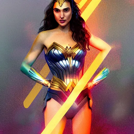 Prompt: gal gadot in amazon outfit, painted, volumetric lights, golden hour, trending on artstation, highly detailed