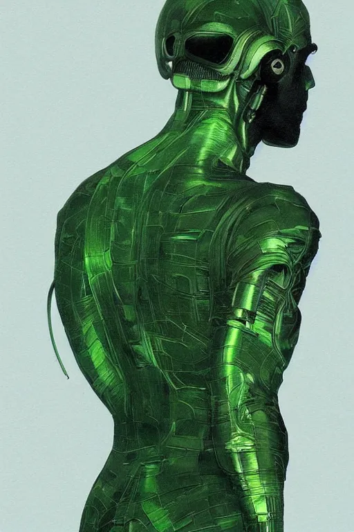 Image similar to full body shot green radio head man back view synth wave, blank lighting ultra realistic photorealistic highly detailed high quality, a stunningly, digital painting, artstation, concept art, smooth, sharp focus, illustration, art by artgerm and greg rutkowski and alphonse mucha 8 k