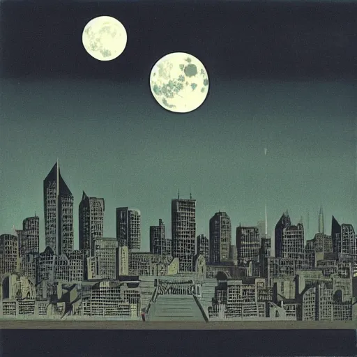 Image similar to “raven in-front of an city under the moon, art deco, 1950’s, glowing highlights, dramatic”