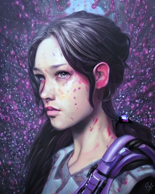 Image similar to an epic fantastic realism comic book style portrait painting of a purple - eyed girl, cherry blossom rain everywhere, apex legends,