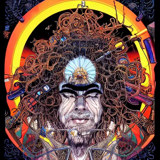 Image similar to portrait of crazy hippy man, symmetrical, by yoichi hatakenaka, masamune shirow, josan gonzales and dan mumford, ayami kojima, takato yamamoto, barclay shaw, karol bak, yukito kishiro