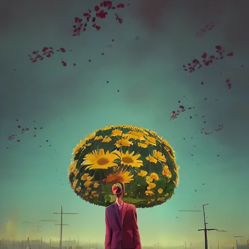 Image similar to giant daisy flower above head, frontal, a girl in a suit, surreal photography, sunrise, dramatic light, impressionist painting, digital painting, artstation, simon stalenhag