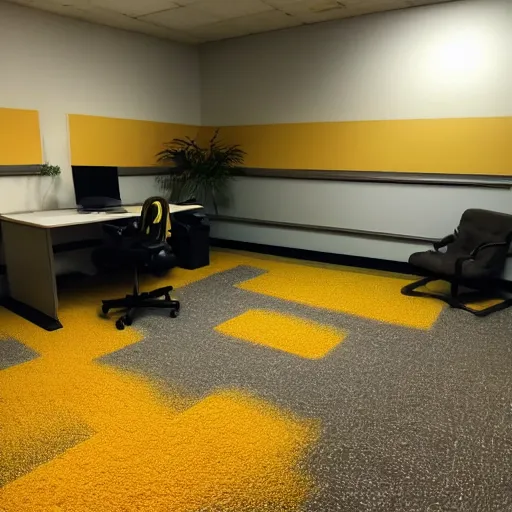 Image similar to low quality photo of real life version of son goku in the backrooms, mono - yellow old moist carpet randomly connected infinite empty office space yellow colors warm light scary