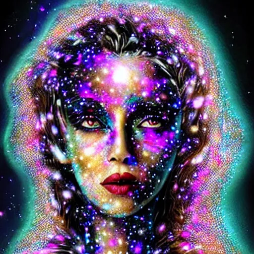 Image similar to woman portrait made out of galaxies, beautiful, cyborg, tim burton comic book art, realistic, highly detailed