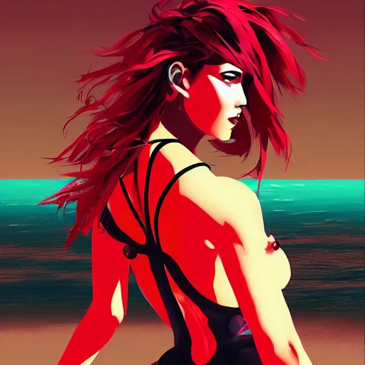 Prompt: cybertronic woman with scarlet red hair and curvacious body at the beach, yoji shinkawa influences, digital painting, synthwave, anime influences