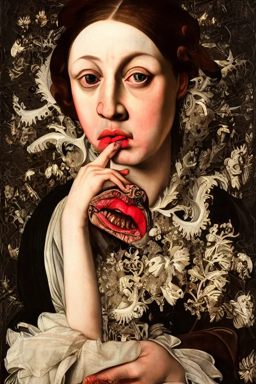 Image similar to Detailed maximalist portrait with large lips and with large eyes, sad exasperated expression, HD mixed media, 3D collage, highly detailed and intricate illustration in the style of Caravaggio, dark art, baroque