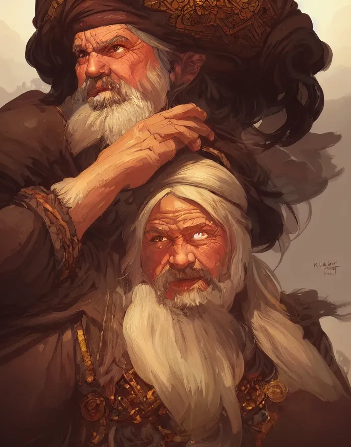 Prompt: elder mountain dwarf merchant, portrait, D&D, fantasy, highly detailed, digital painting, artstation, concept art, sharp focus, smooth, illustration, art by artgerm and greg rutkowski and alphonse mucha