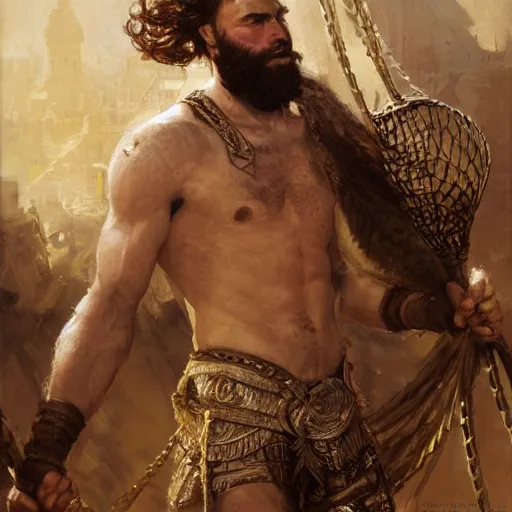 Image similar to young gladiator man with a trim beard, athletic, dopey expression, holding a net, fantasy character portrait by greg rutkowski, gaston bussiere, craig mullins