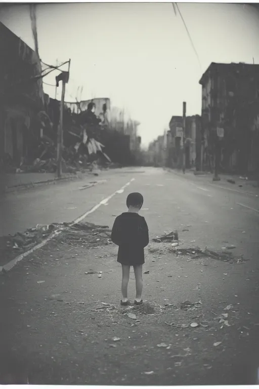 Image similar to photo polaroid of sad and lonely child in the middle of the street, destroyed buildings rubble, loneliness, war, black and white ,photorealistic, 35mm film,