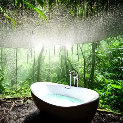 Image similar to pristine bath filled with bubbles in a clearfelled jungle, deforestation, slash and burn