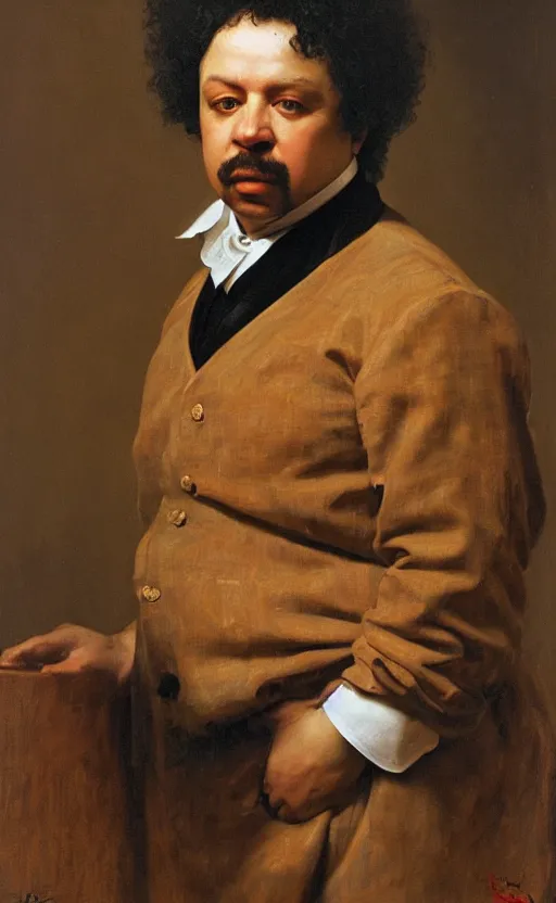 Image similar to Portrait of Alexandre Dumas, oil on canvas, highly detailed, by Kramskoy, 8k