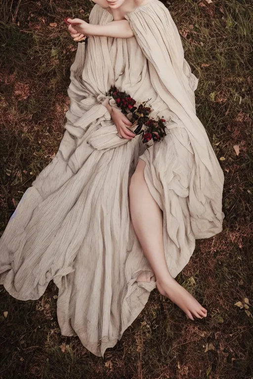 Prompt: a portrait photography of woman in beautiful dress by monia merlo, full body, fashion, romanticism.