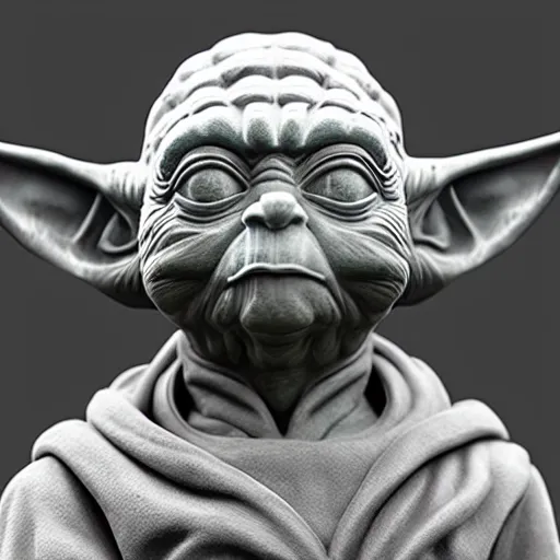 Image similar to Marble statue of Yoda, highly detailed, high quality, HD, 4k, 8k, Canon 300mm, professional photographer, 40mp, lifelike, top-rated, award winning, realistic, sharp, no blur, edited, corrected, trending