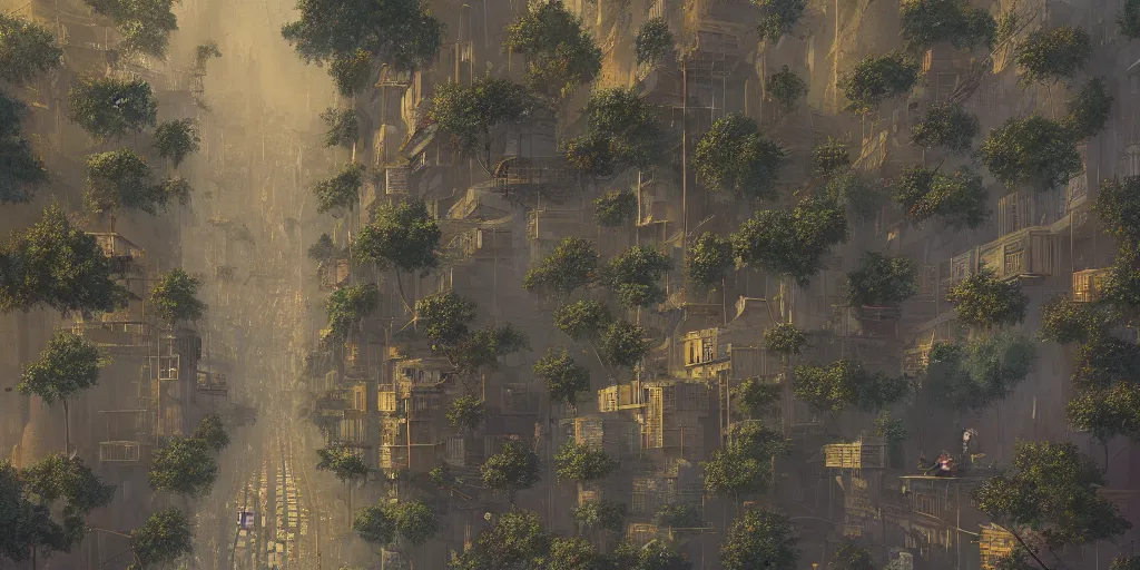 Image similar to a painting of a cinematic keyframe of a post apocalyptic city covered by nature roads seen from above rendered by studio ghibli, cenital shot, by greg rutkowski, rule of thirds, golden ratio, ambient lighting, wlop, artgerm, artstation, highly detailed masterpiece, dark fantasy art, high detail, trending on artstation