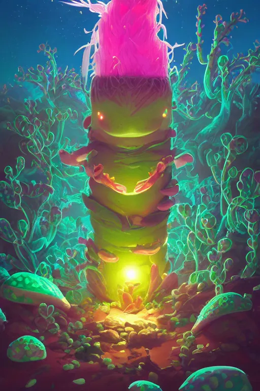 Image similar to roots cactus sushi cristal smurf ghost creature animal sushi cristal very big eye roots cactus elemental flush of force nature micro world fluo fishscale, behance hd by jesper ejsing, by rhads, makoto shinkai and lois van baarle, ilya kuvshinov, rossdraws radiating a glowing aura global illumination ray tracing hdr