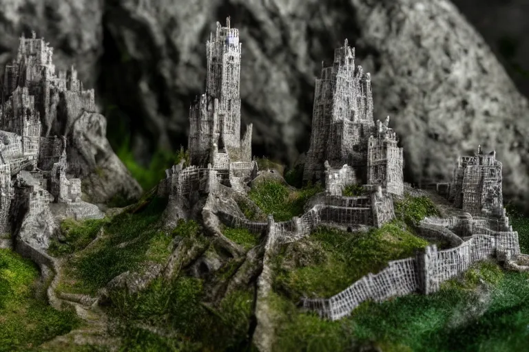 Prompt: Miniature Minas Tirith in miniature landscape. Macro photo, god rays