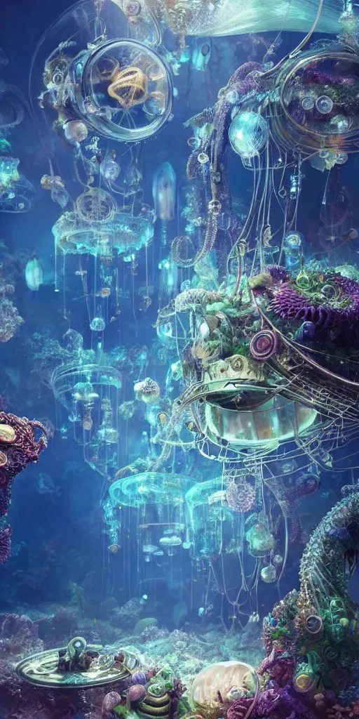 Image similar to mythical dreamy organic translucent bio-mechanical overpopulated underwater steampunk sci-fi city of Atlantis, jellyfish, seahorses, tropical fish, highly detailed, intricate crystal jelly ornate, poetic, 3D render, digital art, octane render, 8K artistic photography, photo-realistic, by Dora Maar