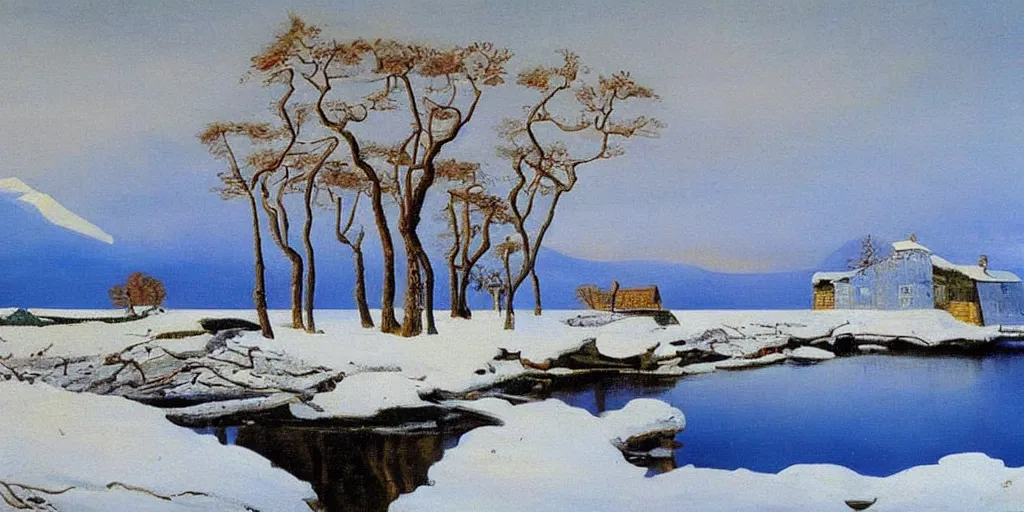 Image similar to an oil painting of a lakehouse in the winter painted by salvador dali, high detail,