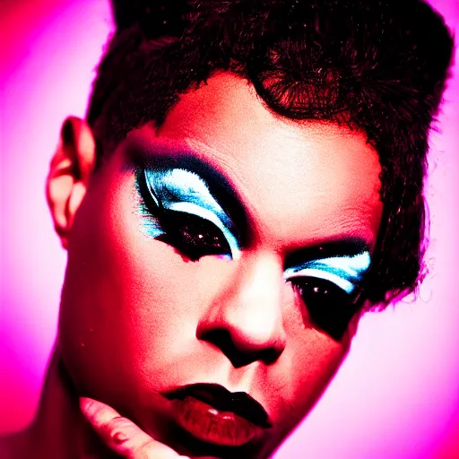 Image similar to realistic photoshoot of a nightlife personality in a club color film photography, portrait of a beautiful drag queen, photo in style of tyler mitchell painting by gottfried helnwein 3 5 mm zeiss lens sharp