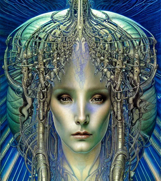 Prompt: detailed realistic beautiful young cher alien robot as queen of andromeda galaxy portrait by jean delville, gustave dore and marco mazzoni, art nouveau, symbolist, visionary, baroque, giant fractal details. horizontal symmetry by zdzisław beksinski, iris van herpen, raymond swanland and alphonse mucha. highly detailed, hyper - real, beautiful