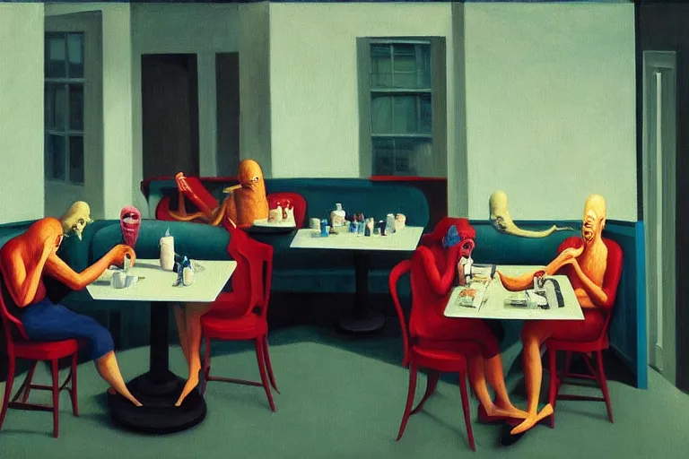 Image similar to hideous terrifying ghastly foul cronenberg monsters relaxing at a cafe. ( a waiter is pouring coffee. one monster is reading a newspaper. painting by edward hopper, 3 d rendering by beeple, 8 k, comfy wretched mutants )