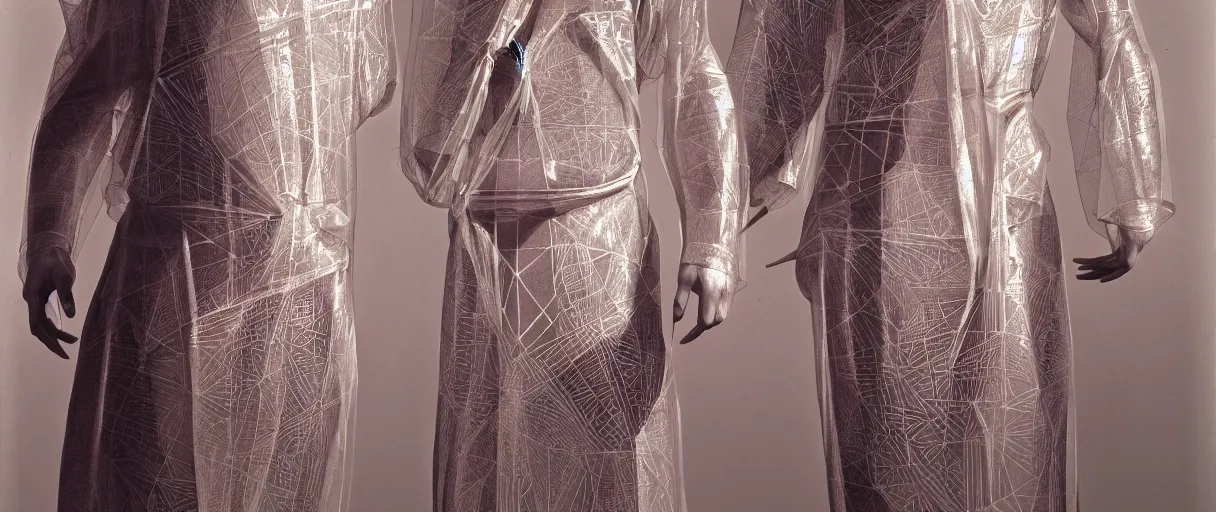 Image similar to hyperrealist highly detailed 1970 seventies portrait of obscure high fashion demon, intricate geometric translucent transparent see-through silk robes, concept art pascal blanche dramatic dramatic lighting 8k wide angle shallow depth of field