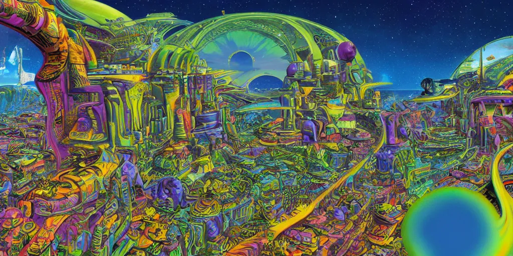 Image similar to a psychedelic retro sci fi city in space by roger dean equirectangular projection