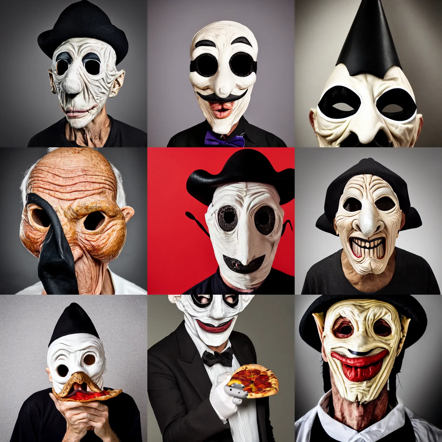 Prompt: portrait photo of an old wrinkled man, skinny face, bony face, long nose, crooked nose, large full mouth, black pulcinella masquerade mask, pointy conical hat, white wrinkled shirt, presenting pizza, black background, close - up, skin blemishes, menacing, intimidating, masterpiece by lisa kristine