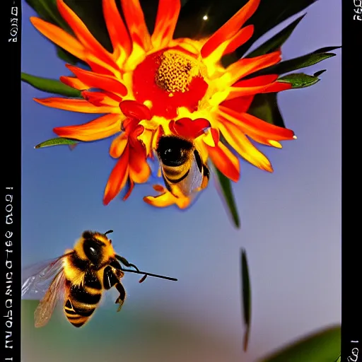 Prompt: burning flaming flower with a bee on it